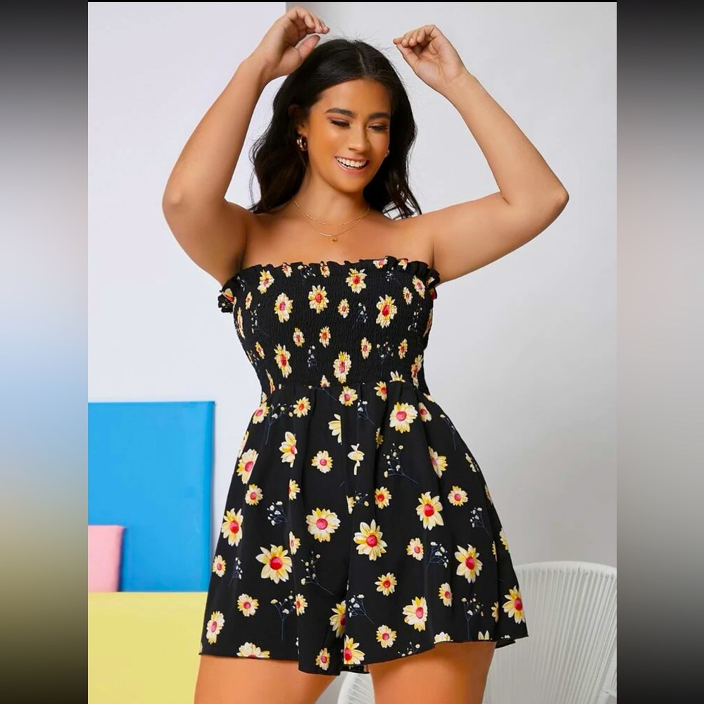 Strapless Smocked Floral Tube Romper